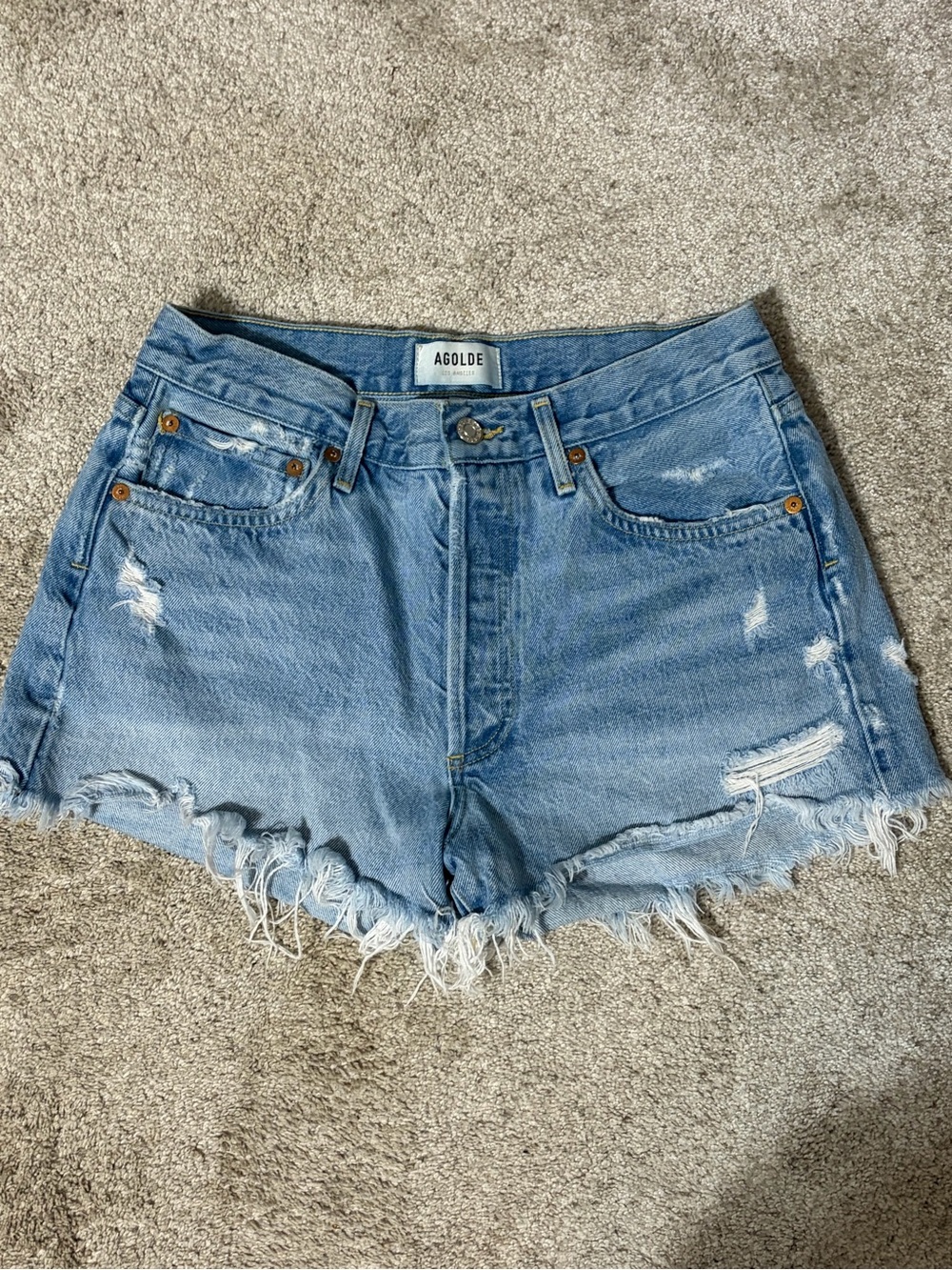 Agolde Light Blue Distressed High-Rise Denim Shorts